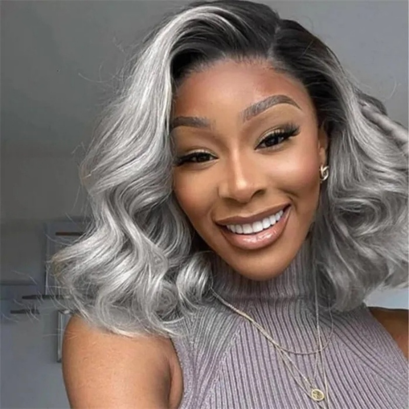 GREY OMBRE 13X4 LACE FRONT WIG BODY WAVE BOB HUMAN HAIR