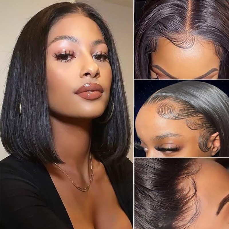 Double Drawn Natural Color Straight Short BOB Wigs 2X6 Closure Wig